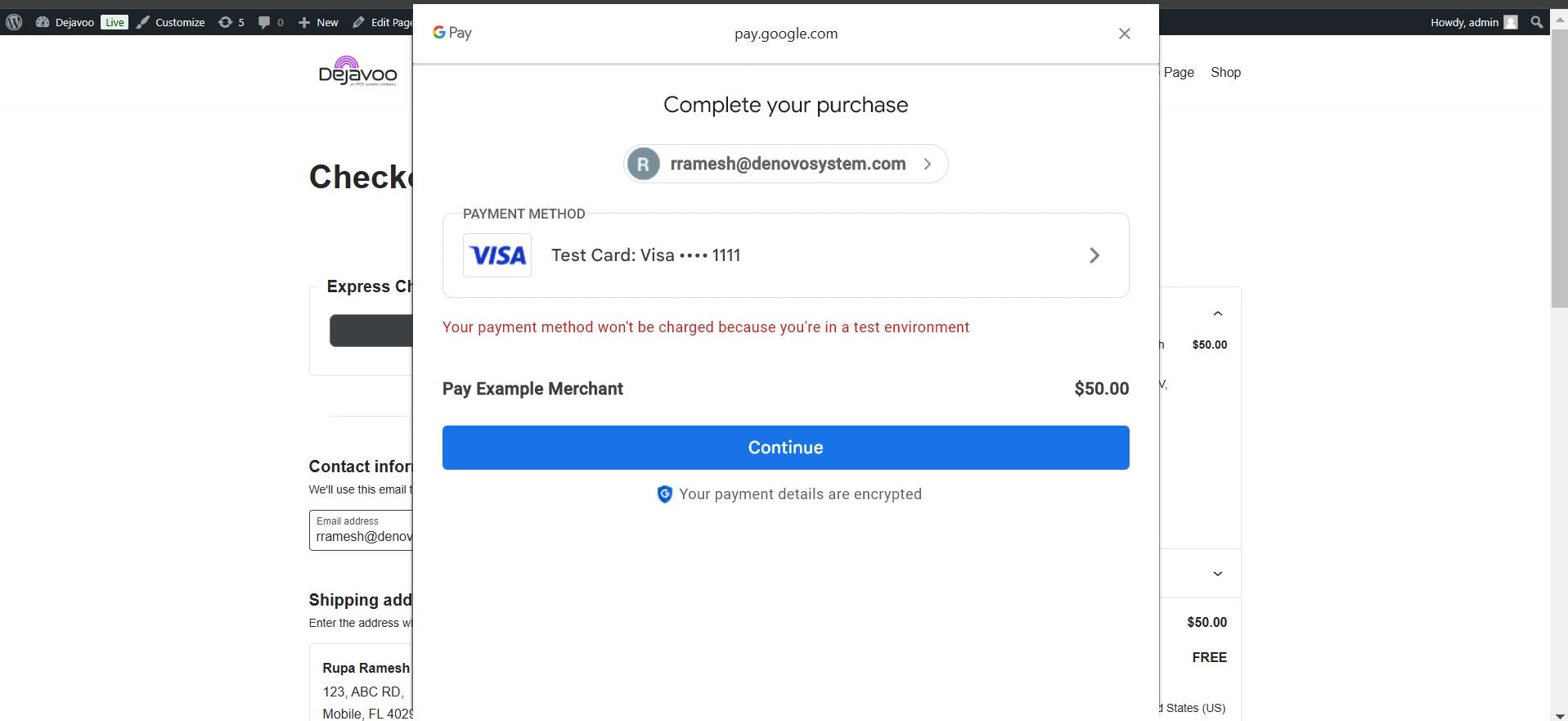 This image shows the card view that appears after clicking on the Google Pay button.