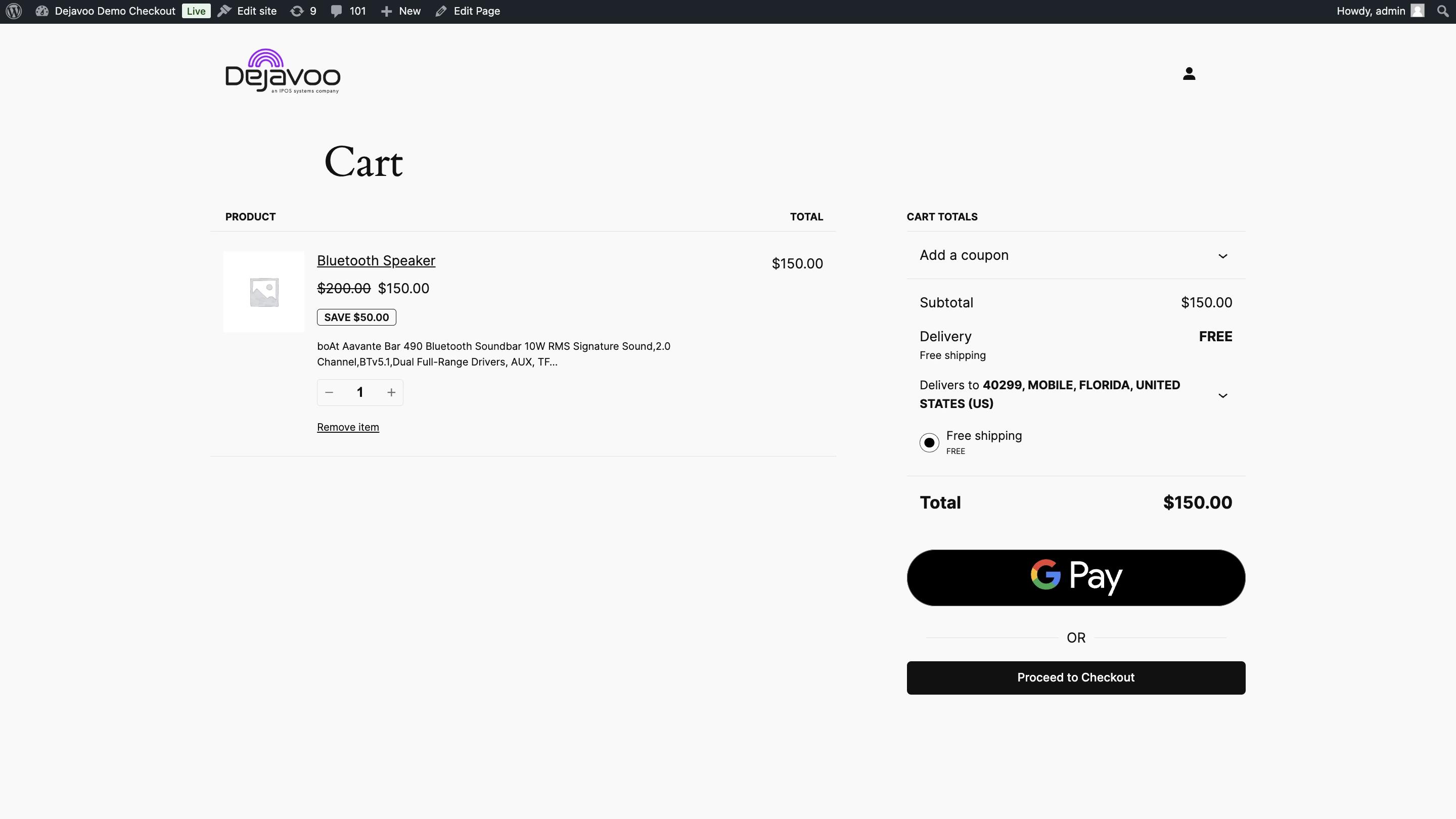 This image shows where the Google Pay button will appear on the cart page.